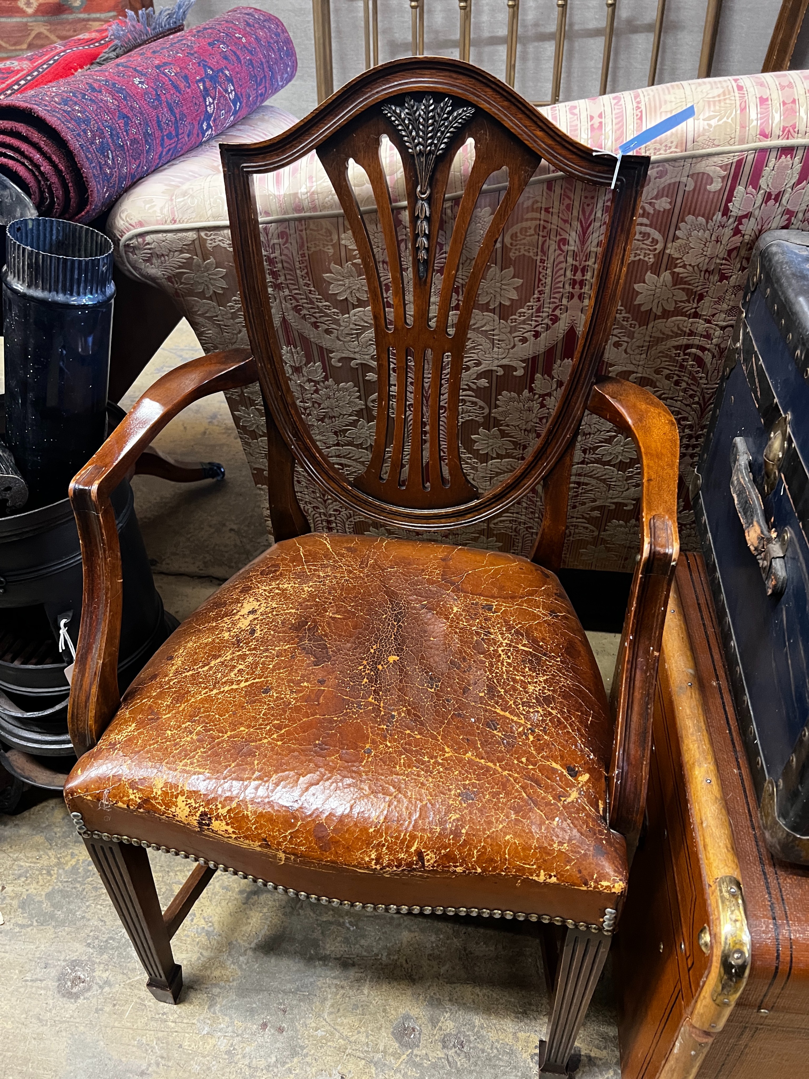 An Edwardian marquetry inlaid marble top washstand, width 72cm, depth 38cm, height 82cm together with a reproduction mahogany elbow chair